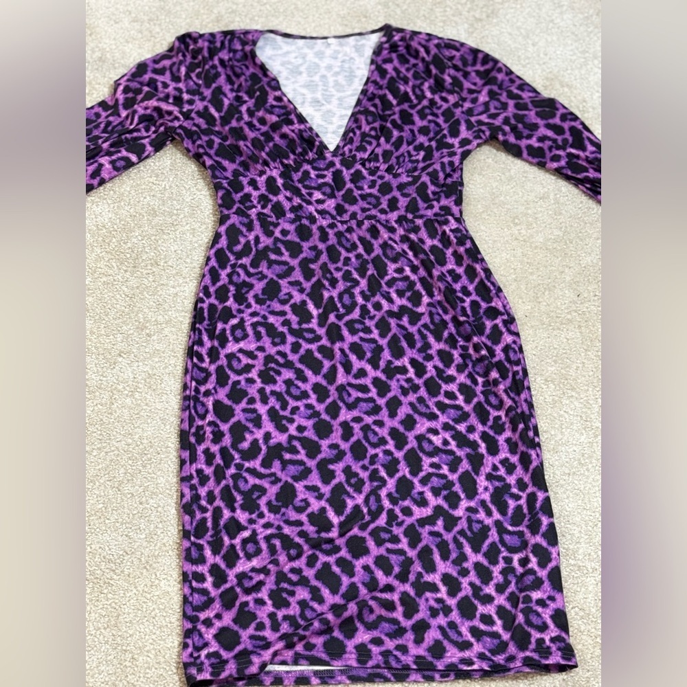 Purple Leopard Print Ruched Bodycon Dress | Long Sleeve Party Dress M - Picture 2 of 8